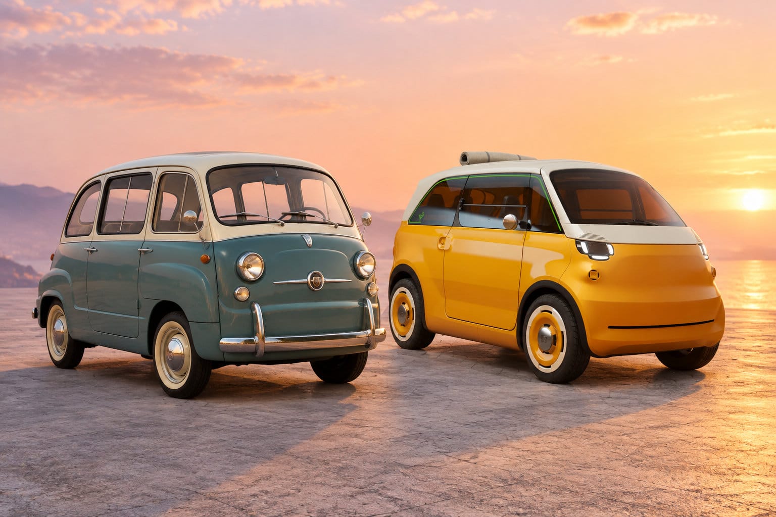 Deux minibus, l’un ancien bleu-gris et l’autre moderne jaune et blanc, sont garés côte à côte au coucher du soleil.