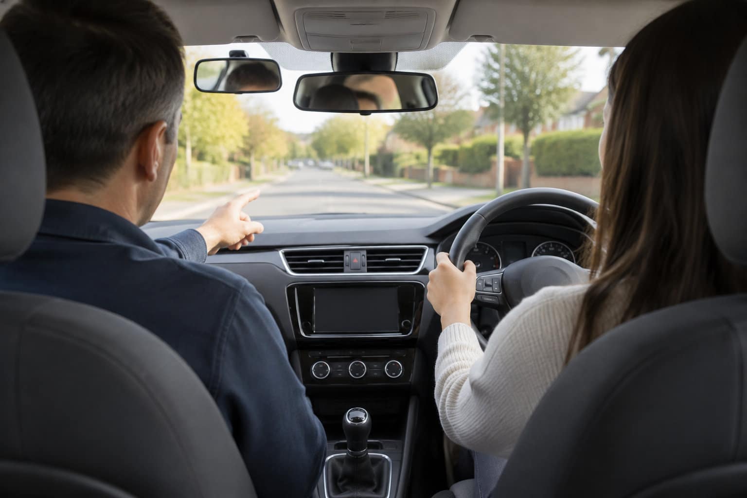 Un homme assis côté passager désigne la route tandis qu’une femme conduit une voiture dans une rue bordée d’arbres et de maisons.