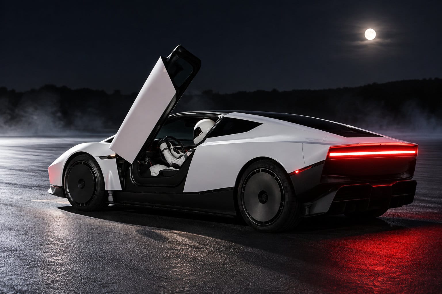 Une voiture blanche aux portes relevées est arrêtée sur une route humide, avec un conducteur casqué à bord, sous la pleine lune.
