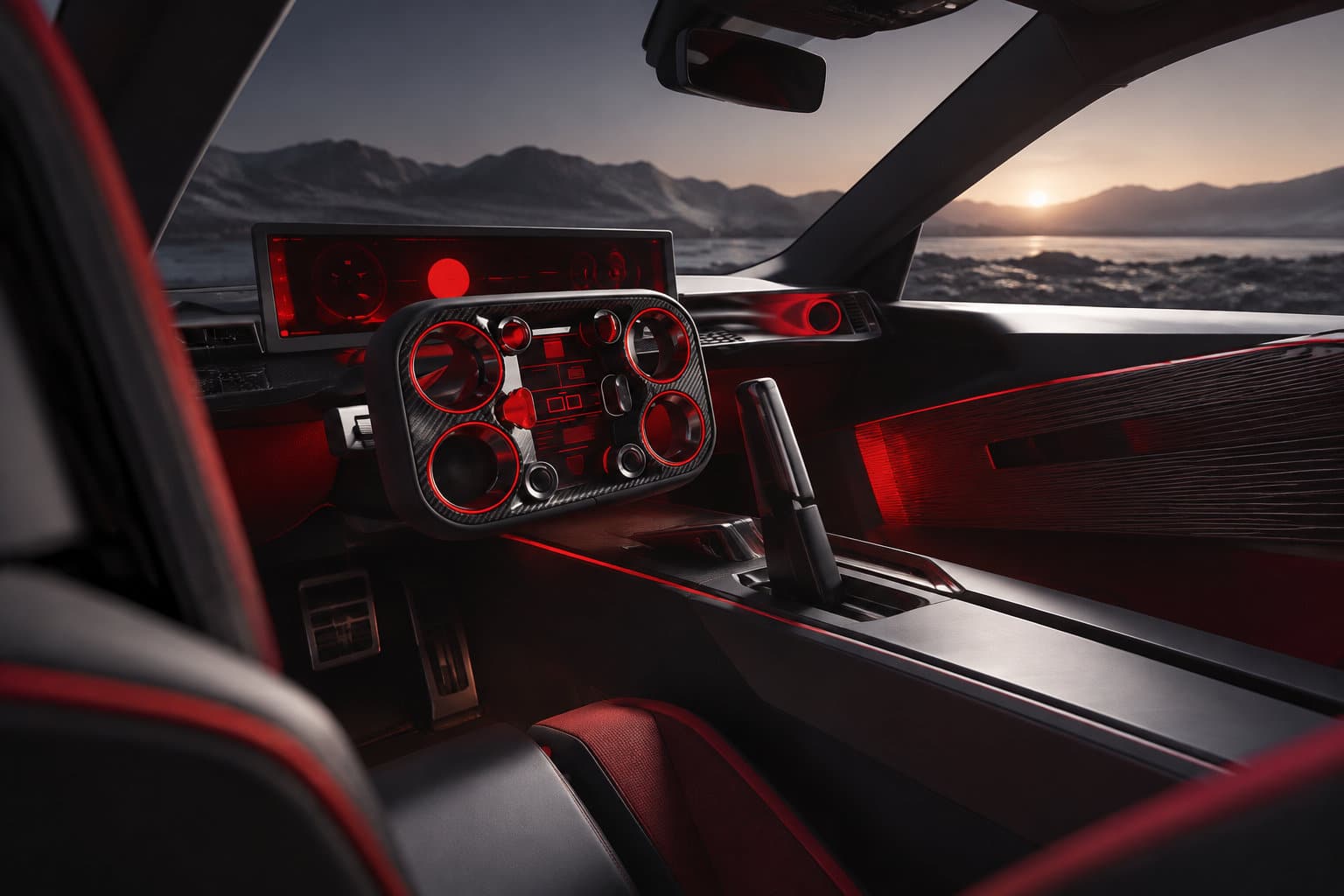 L’intérieur d’une voiture doté d’un tableau de bord et de commandes éclairés en rouge, face à un lac et des montagnes au coucher du soleil.