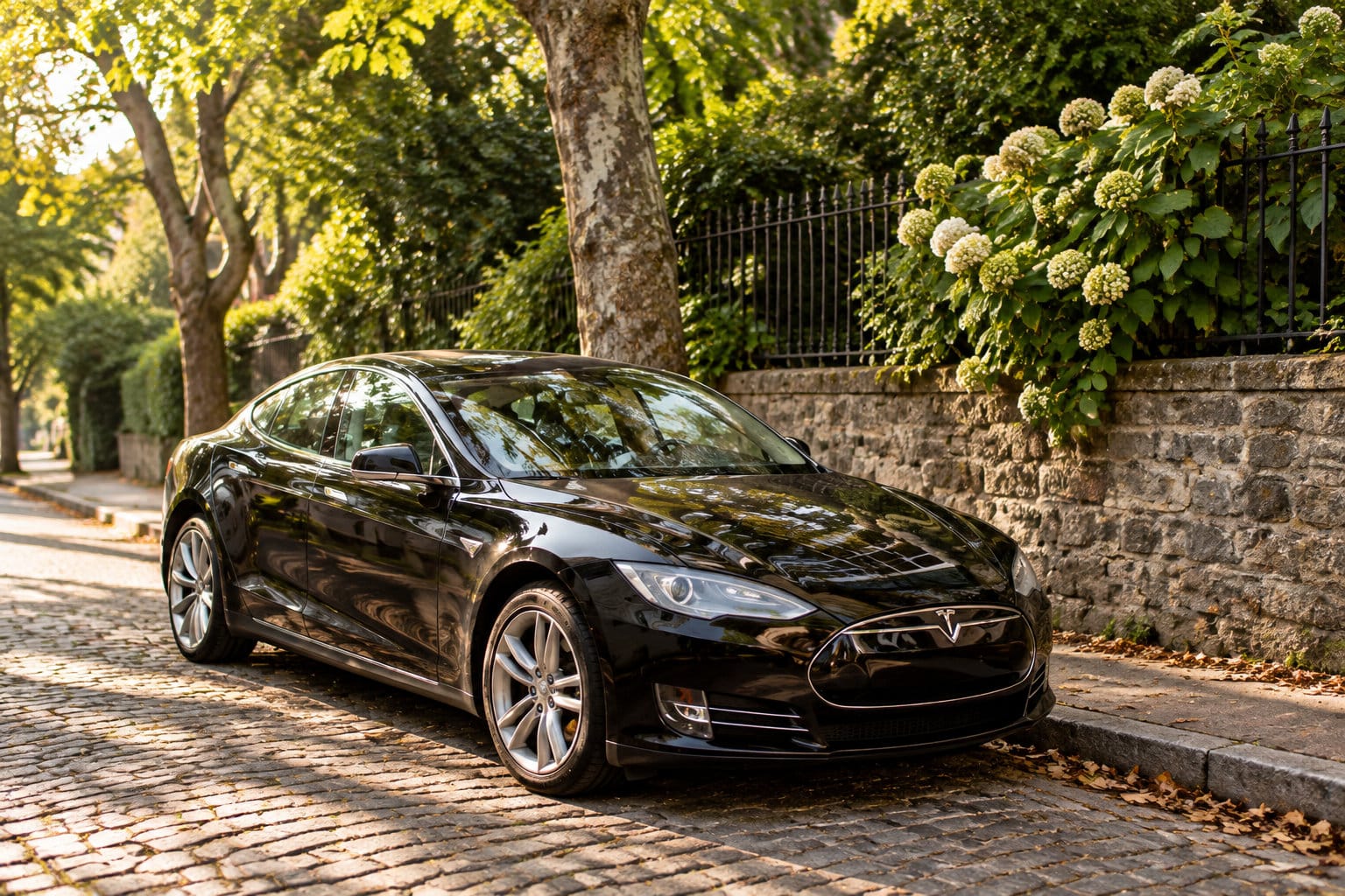 Une berline noire est garée sur une rue pavée bordée d’arbres, devant un muret de pierre et une grille couverte de fleurs.