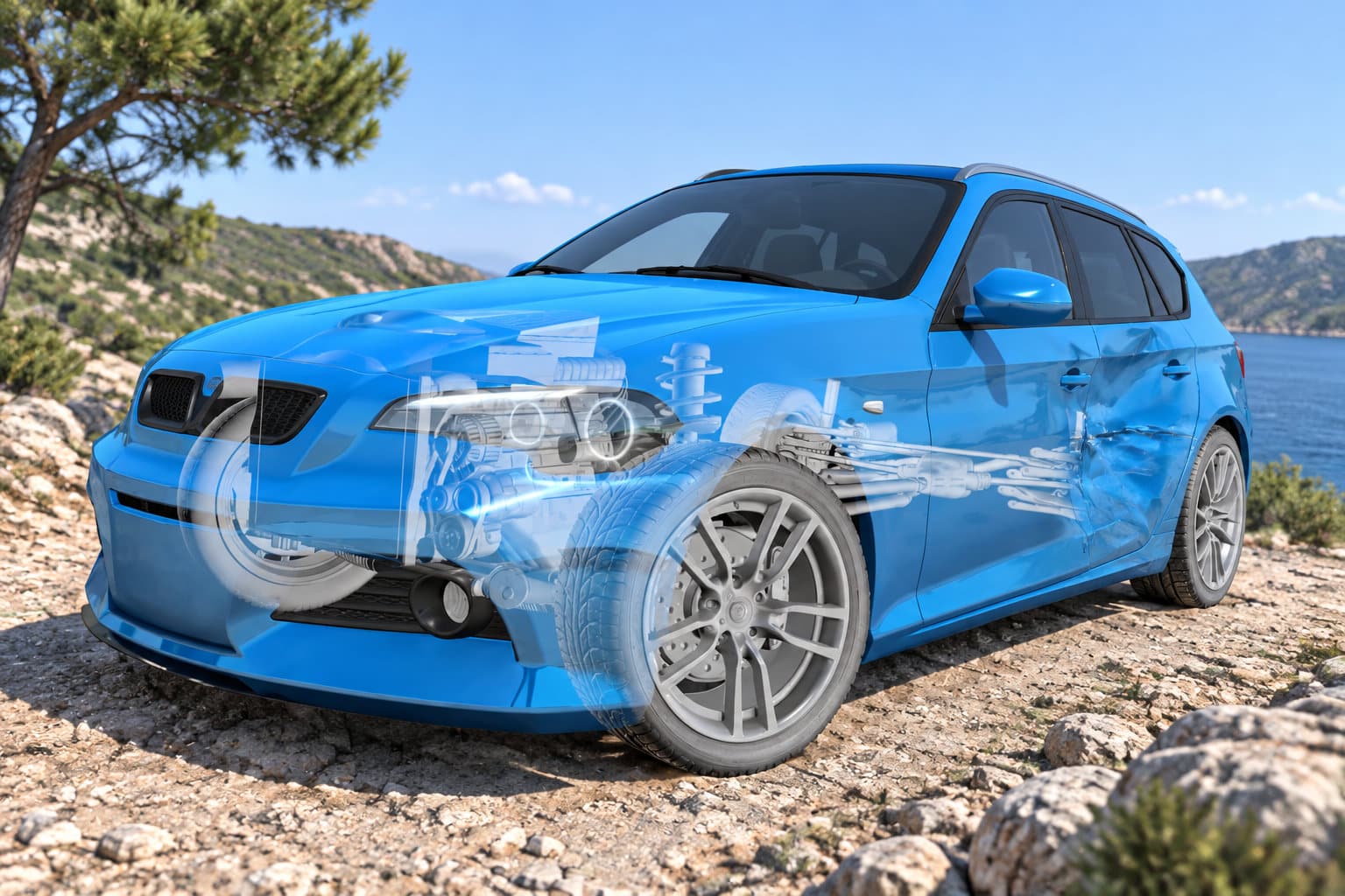 Une voiture bleue est représentée avec une vue translucide de ses composants mécaniques, sur une route rocailleuse au bord d’un lac.
