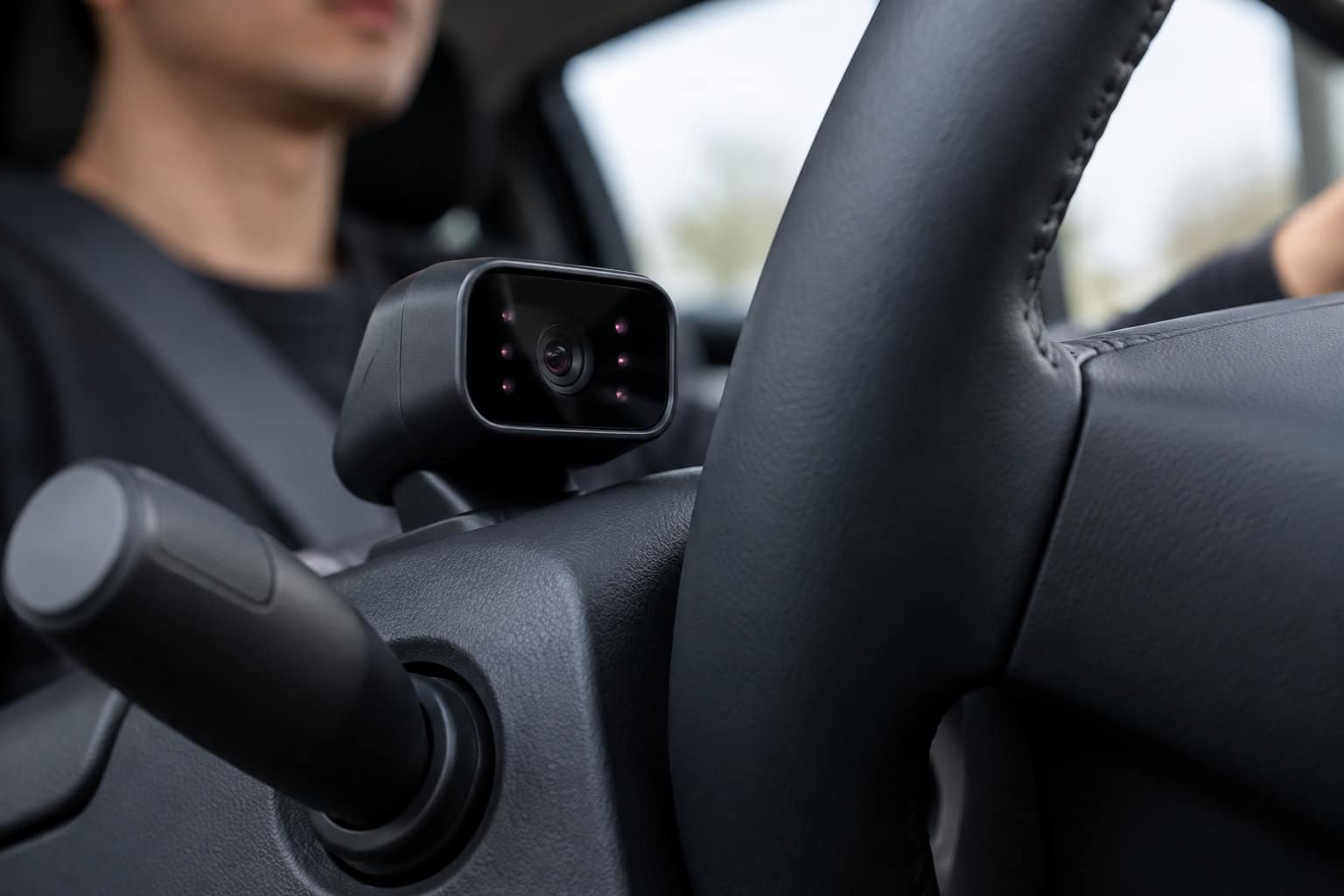 Une petite caméra fixée près du volant d’une voiture fait face au conducteur.
