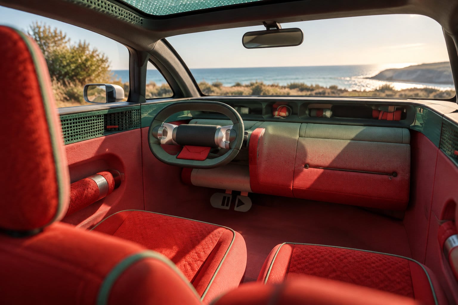 L’intérieur d’une voiture aux sièges rouges et au tableau de bord vert est visible face à la mer au coucher du soleil.