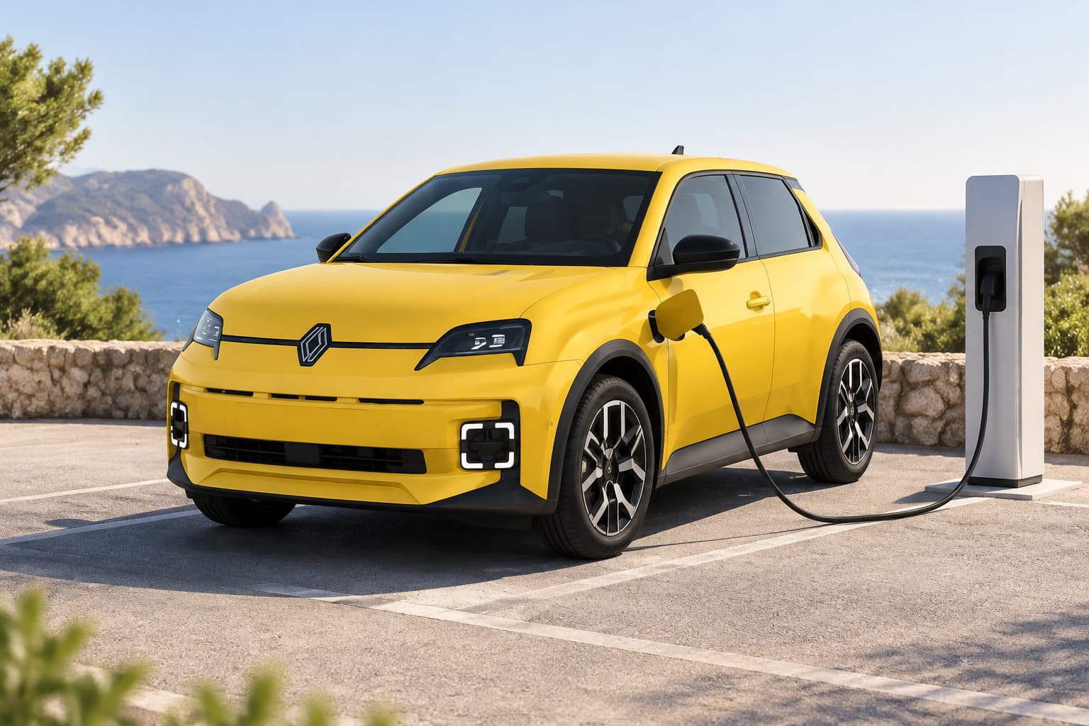 Une voiture jaune est branchée à une borne de recharge sur un parking en bord de mer.