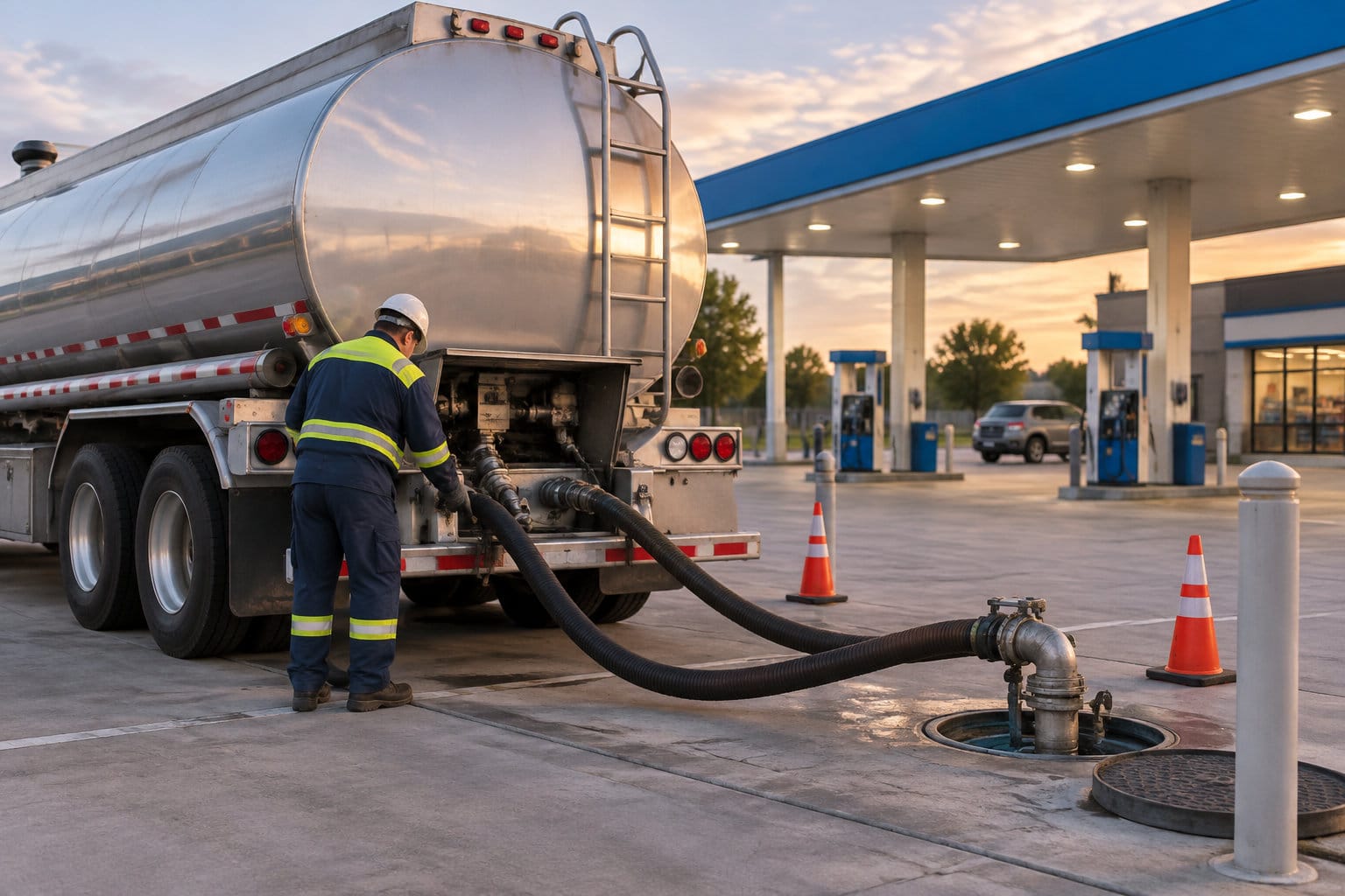 Un employé en tenue de sécurité relie des tuyaux à un camion-citerne près d’une station-service, avec des cônes de signalisation autour d’une bouche d’accès au sol.