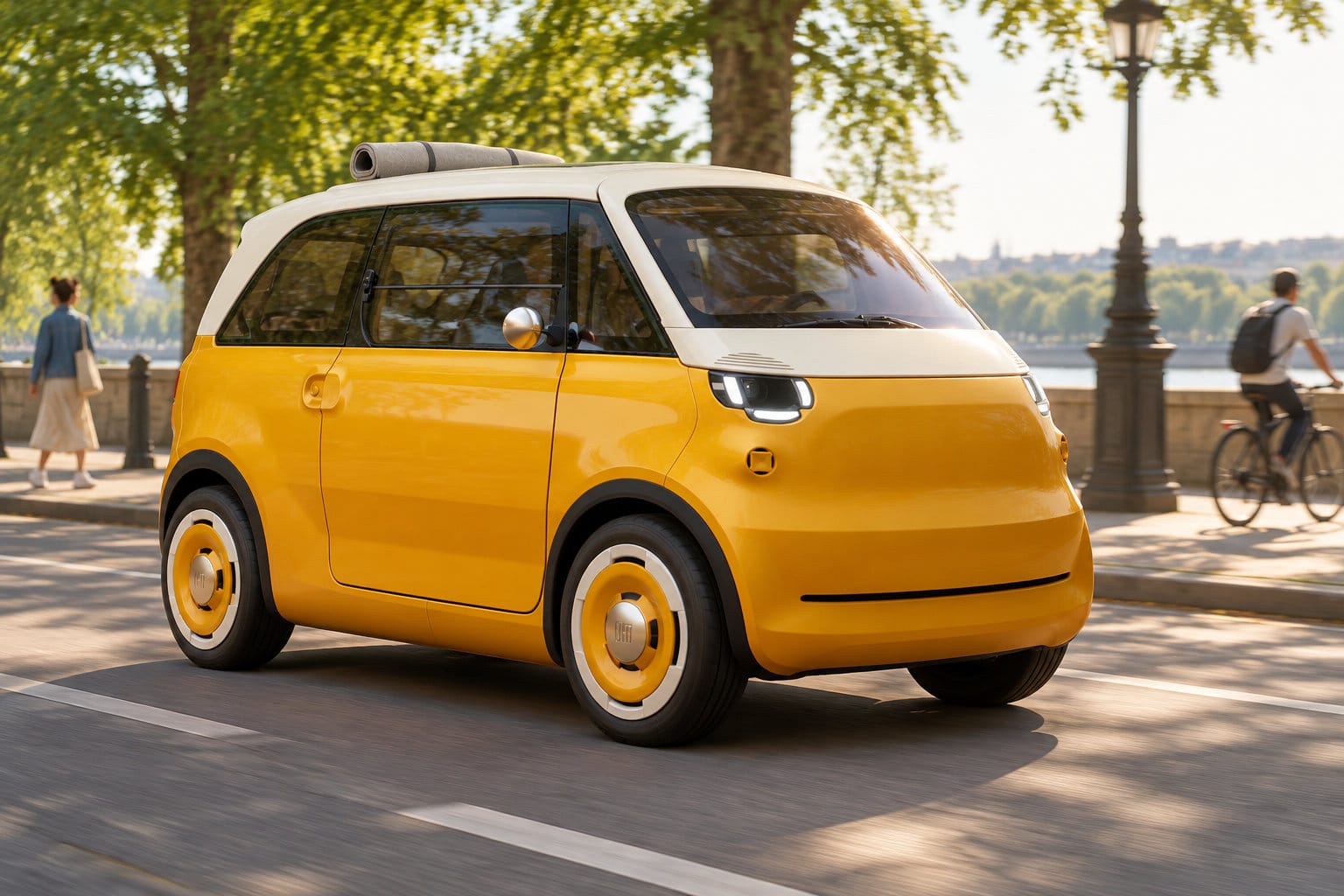Une petite voiture jaune et blanche circule sur une rue bordée d’arbres, avec une personne à vélo et une piétonne en arrière-plan.
