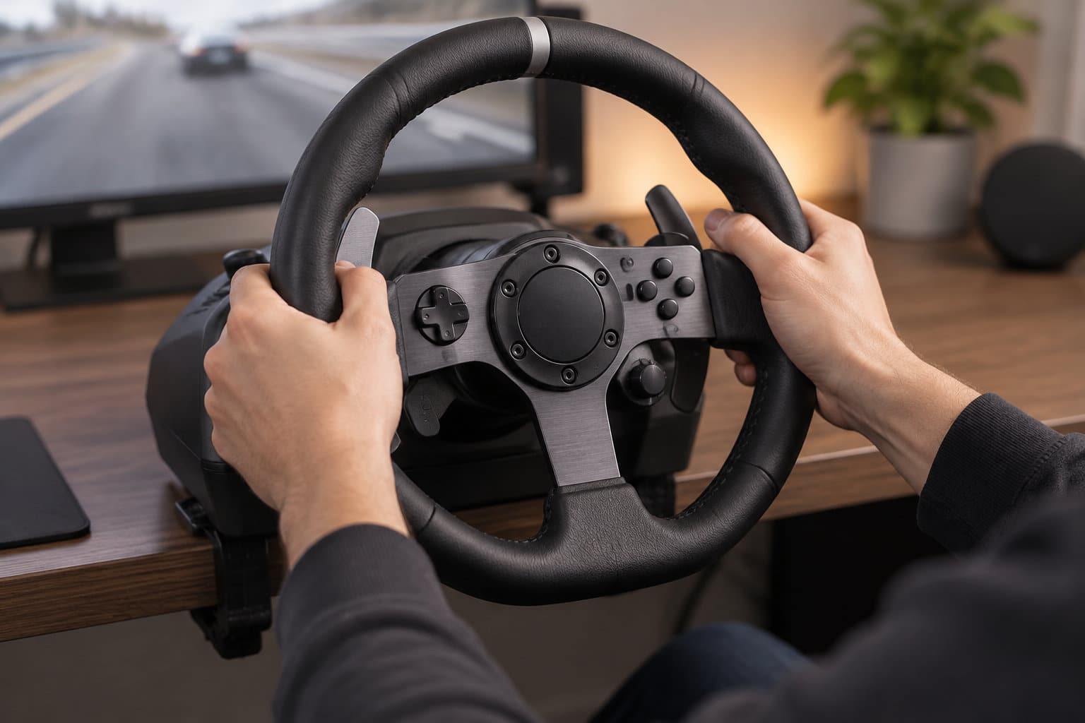 Une personne tient un volant de simulation de course installé devant un écran affichant une route.