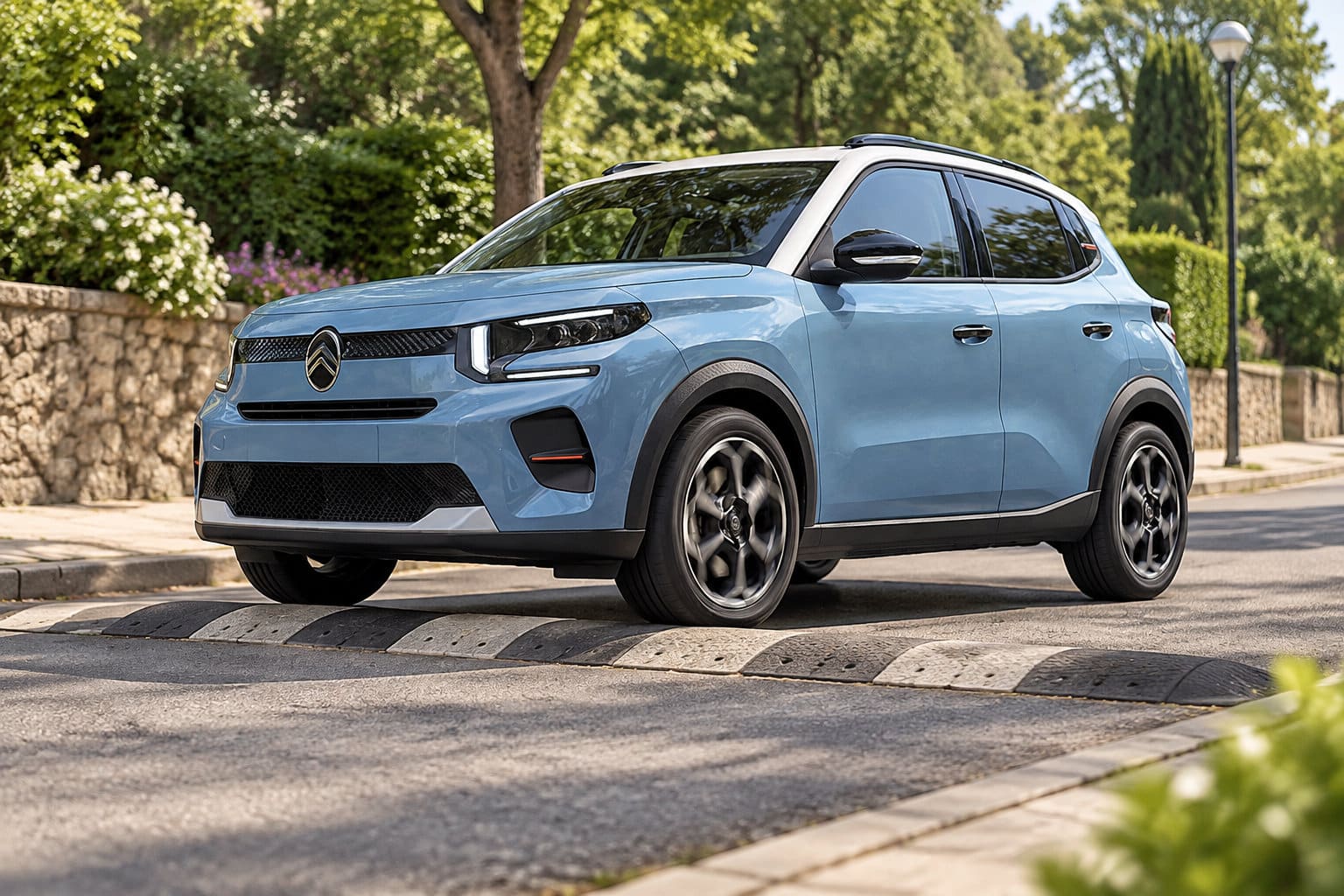 Un SUV bleu franchit un ralentisseur sur une rue bordée d’arbres et d’un muret en pierre.