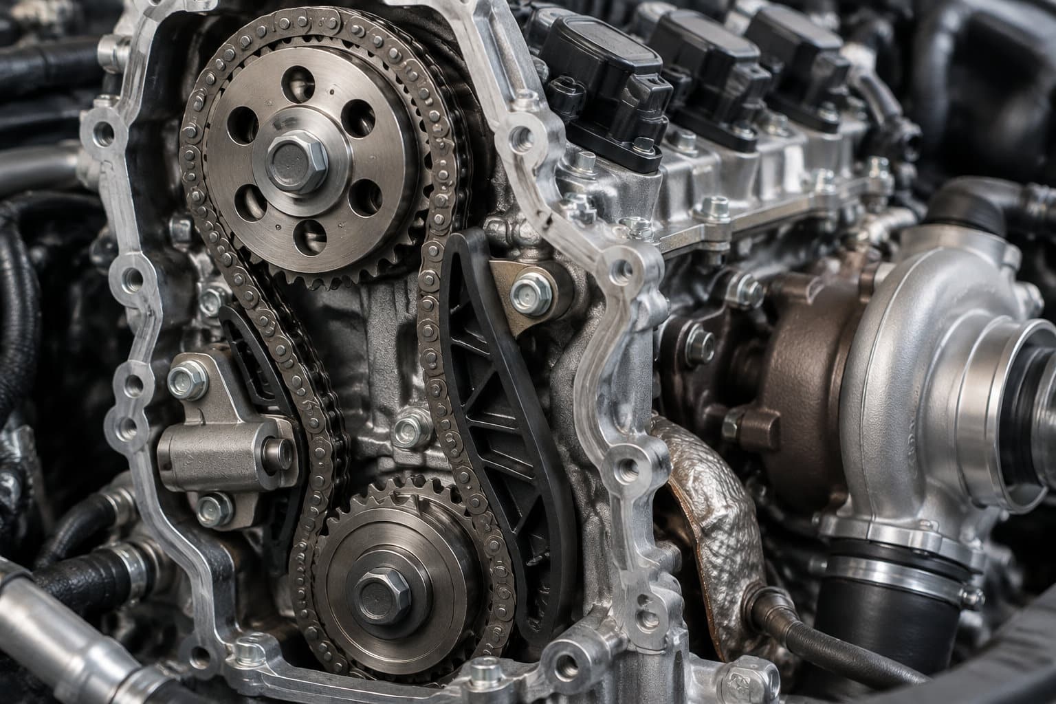 Gros plan sur un moteur automobile ouvert, montrant une chaîne de distribution, des engrenages et un turbocompresseur.