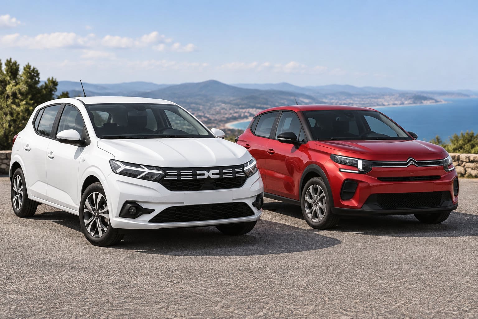 Une voiture blanche et une voiture rouge sont garées côte à côte sur une route côtière, avec la mer et des montagnes en arrière-plan.