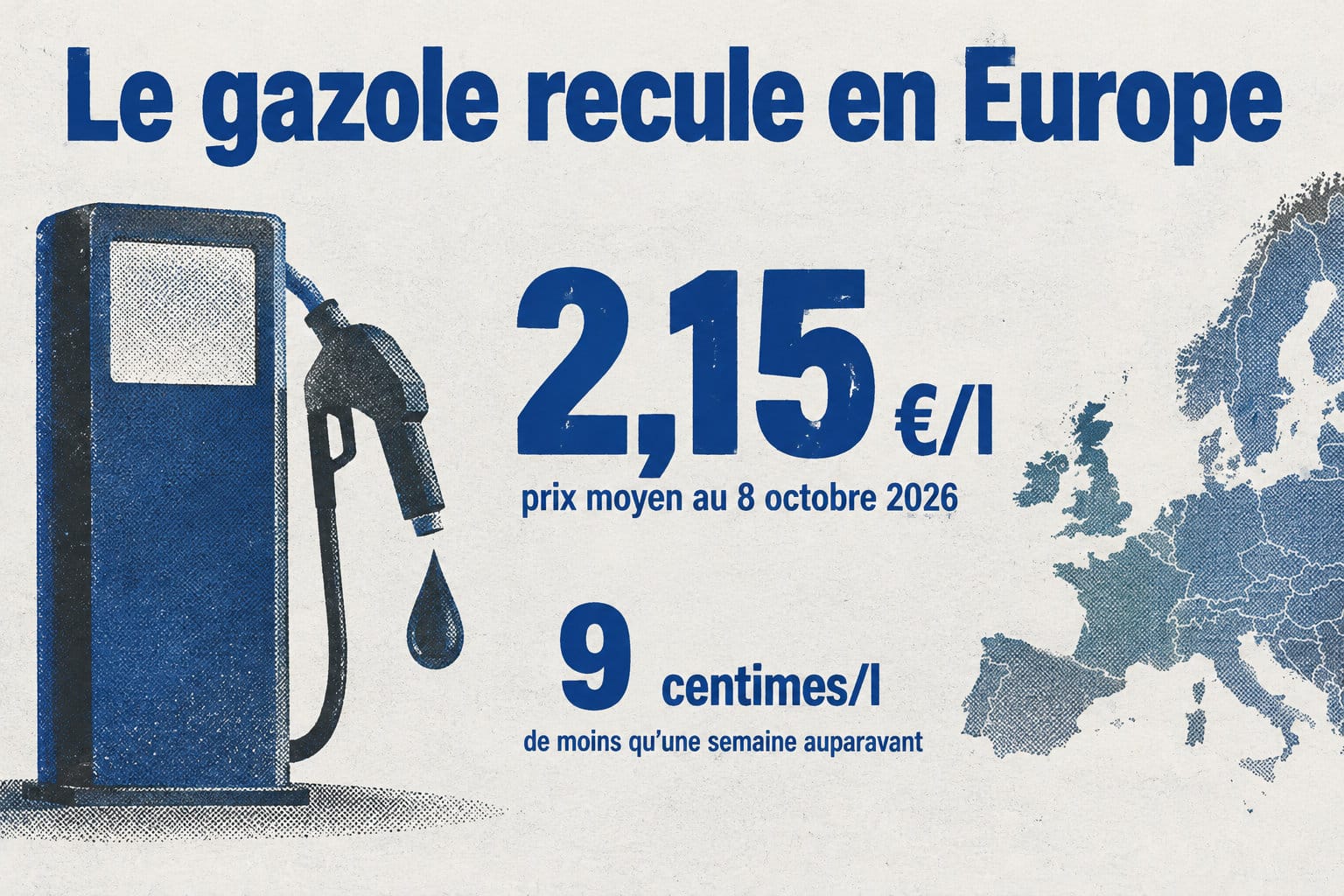 Dans l’Union européenne, le gazole coûte en moyenne 2,15 €/l au 8 octobre 2026, soit 9 centimes/l de moins qu’une semaine auparavant.