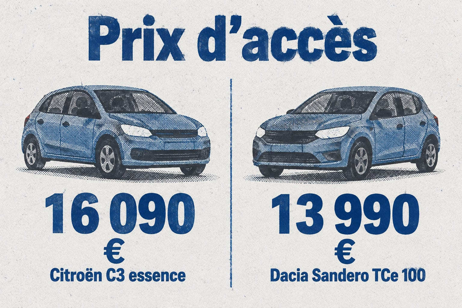 Le prix d’accès de la Citroën C3 essence est de 16 090 €, contre 13 990 € pour la Dacia Sandero TCe 100, soit environ 2 100 € de moins pour cette dernière.