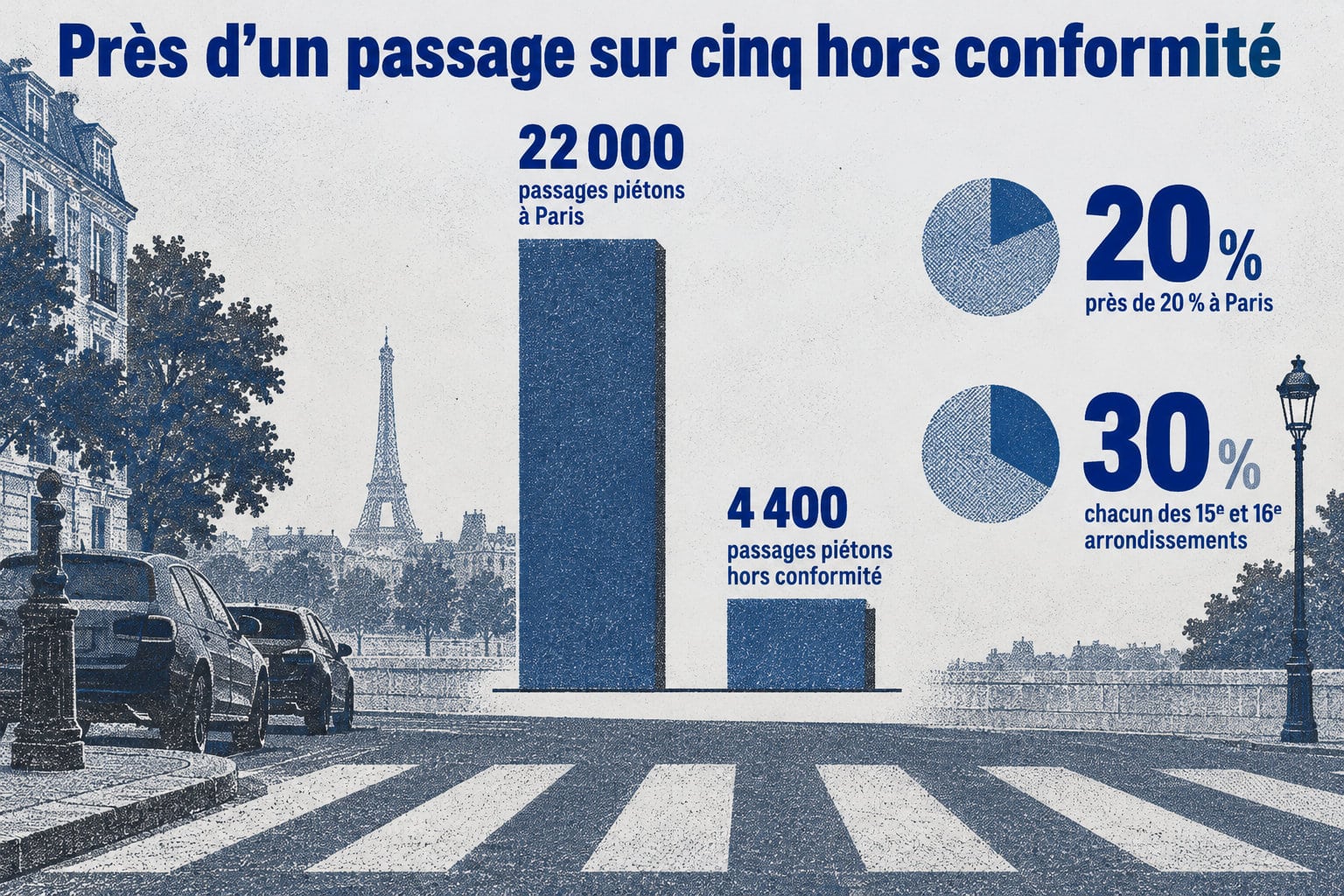 Sur environ 22 000 passages piétons à Paris, près de 4 400 sont hors conformité, soit près de 20 %; la proportion atteint environ 30 % dans chacun des 15e et 16e arrondissements.