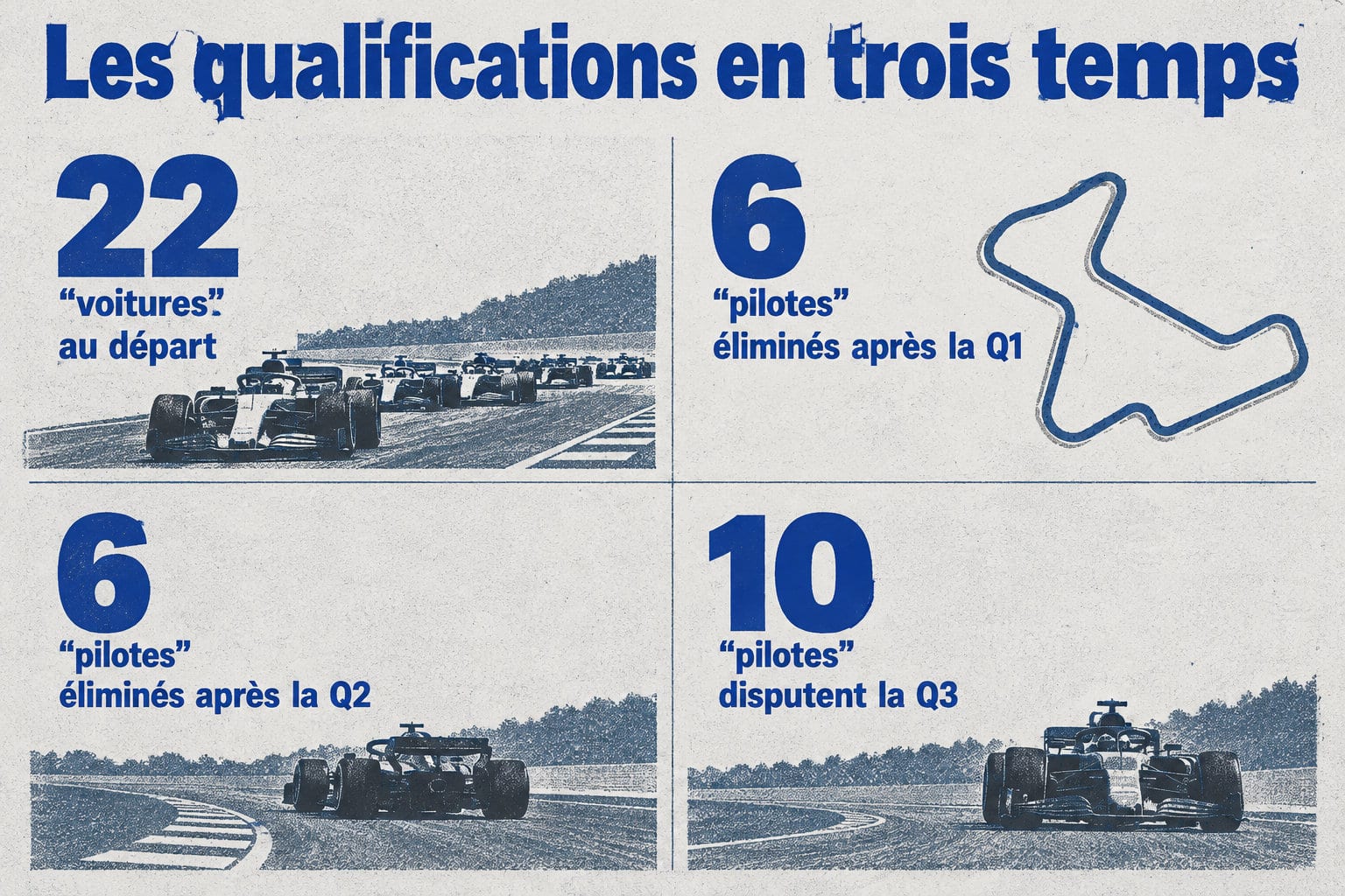 Sur 22 voitures au départ, six pilotes sont éliminés après la Q1, six après la Q2 et dix disputent la Q3.
