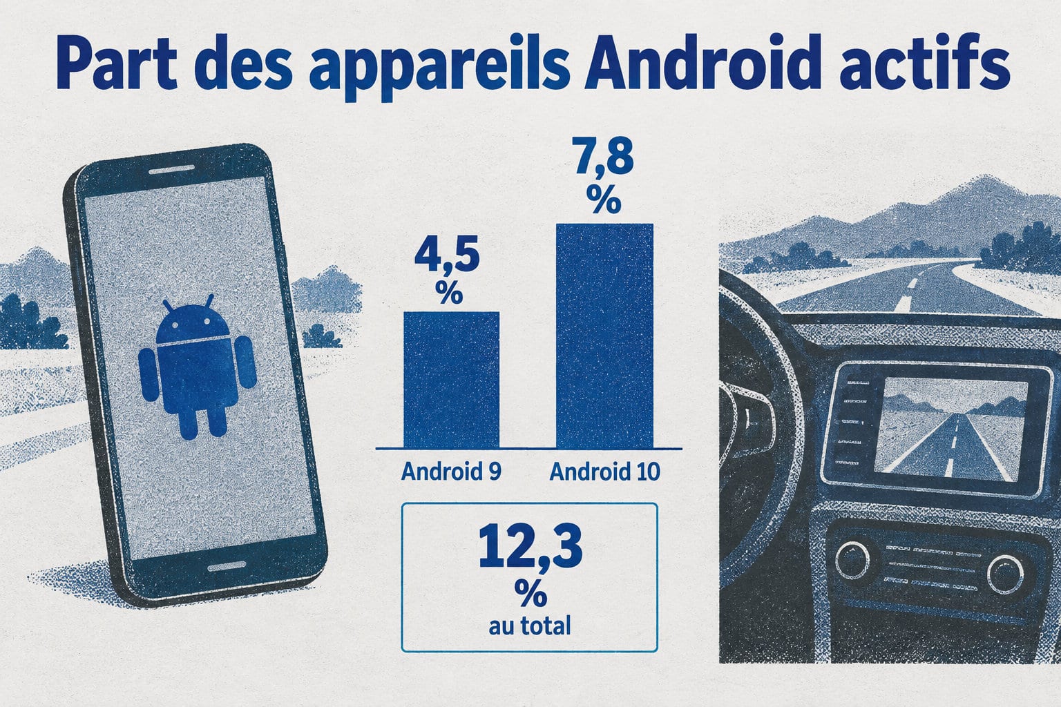 Au 1er décembre 2025, Android 9 représente 4,5 % et Android 10 7,8 % des appareils Android actifs, soit 12,3 % au total.