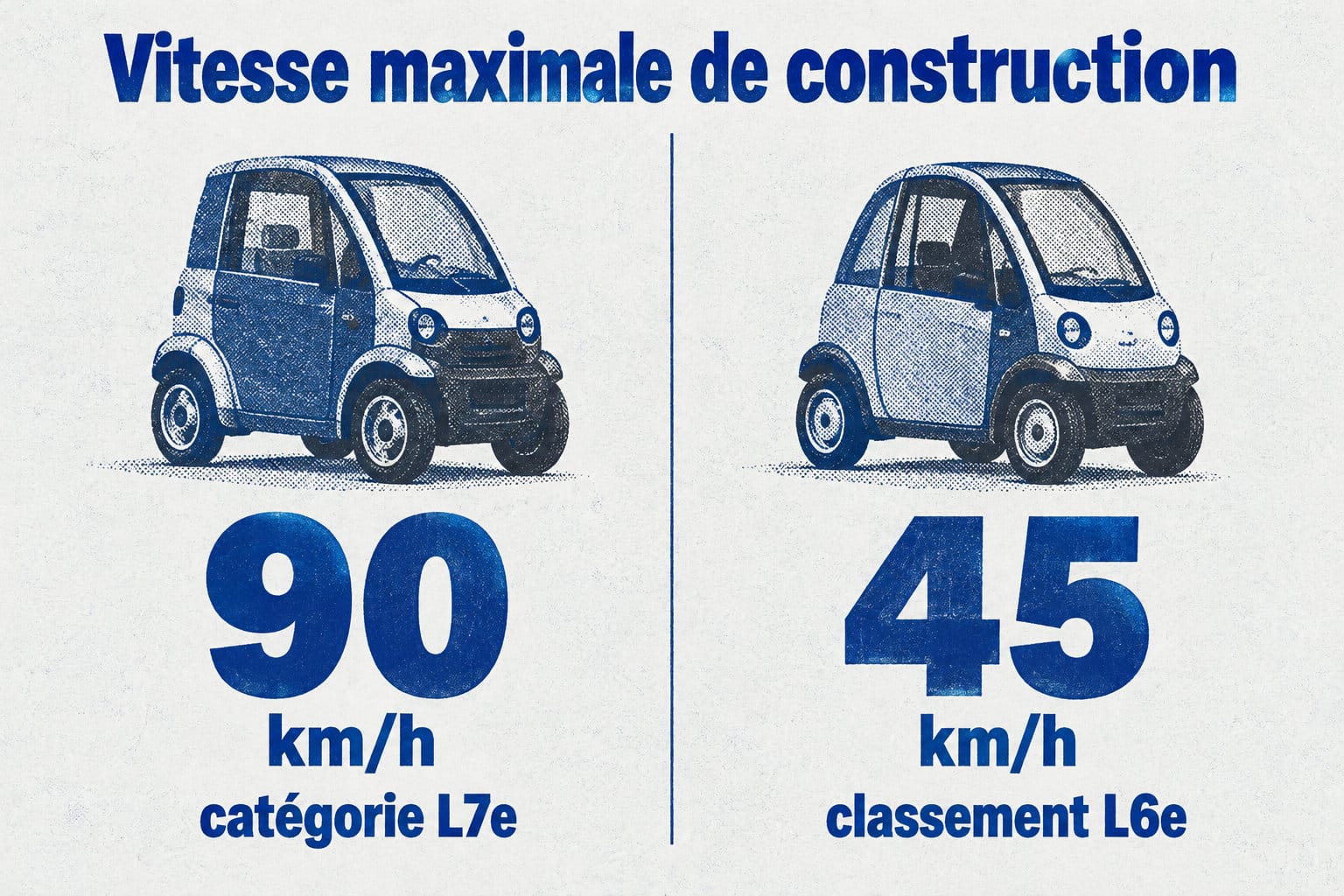 La vitesse maximale de construction est de 90 km/h pour la catégorie L7e, contre 45 km/h pour le classement L6e.