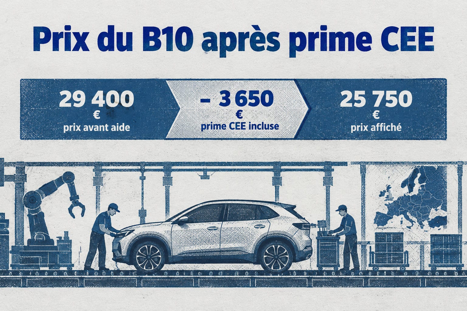 Le prix avant aide de 29 400 € est réduit de la prime CEE incluse de 3 650 €, pour un prix affiché de 25 750 €.